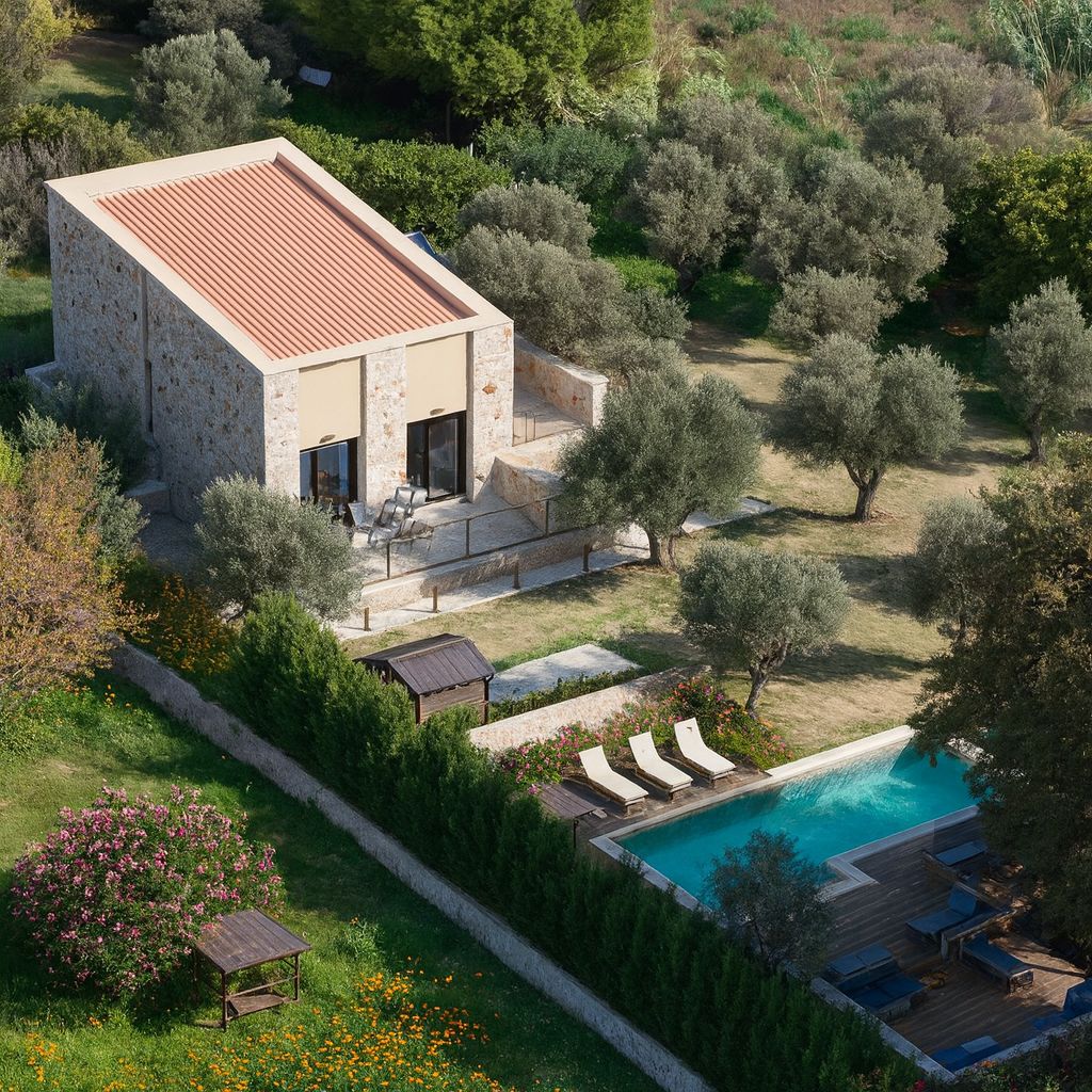 Aerial view of Villa Irianna with its private pool, garden and olive trees in Ialysos, Rhodes