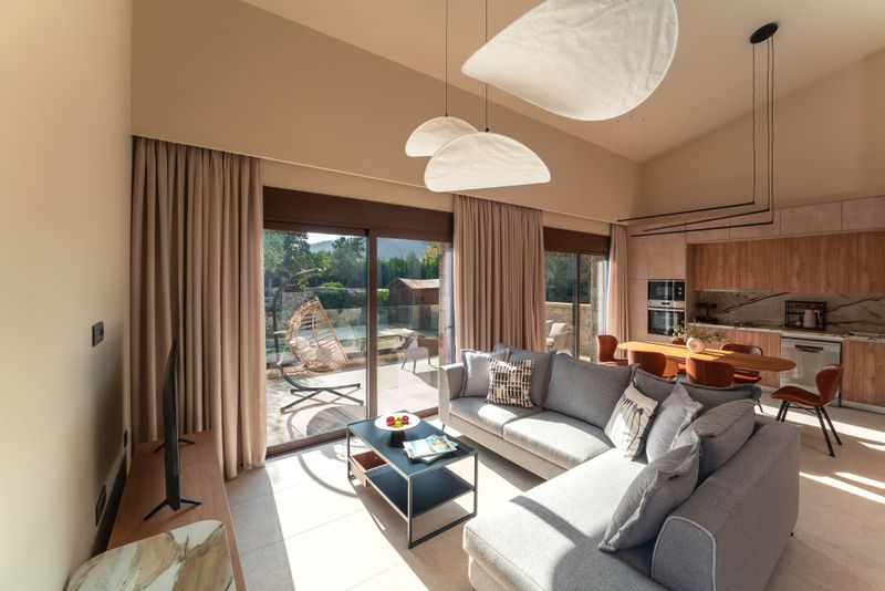 Bright open-plan living and dining area at Villa Irianna, Rhodes