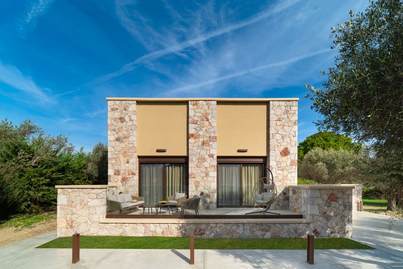 Front view of Villa Irianna with private pool and garden in Ialysos, Rhodes