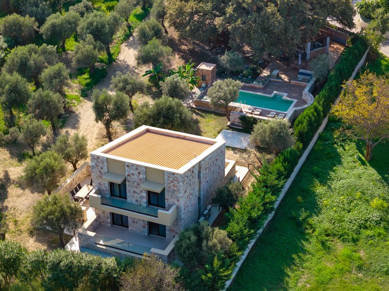 Aerial view of Villa Irianna, its private pool and garden in Ialysos, Rhodes